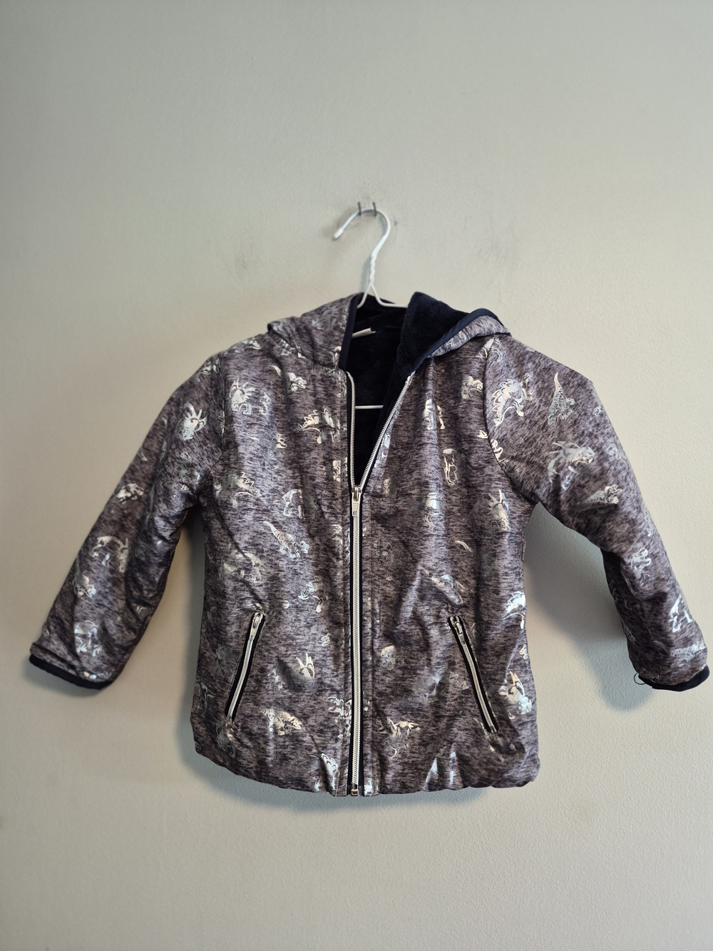 Mick Mack Toddler 4 Grey With Metallic Dino Hooded Sherpa Lined Hooded Jacket